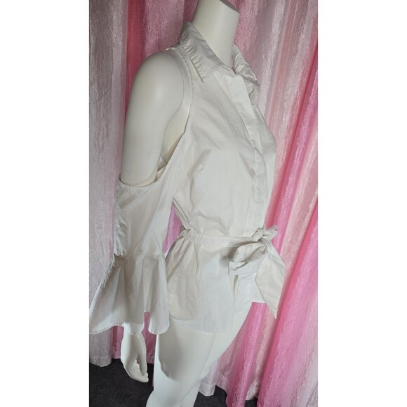 Boston Proper White Crisp Cold Shoulder Flare Sleeve Cotton Blouse Size 12 - Picture 9 of 12